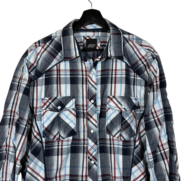Pearl Snap Shirt Various Artists Blue Red White Plaid L Men Seam Long Sleeve - Picture 4 of 14